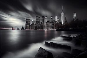 black and white photo of a city at night. .