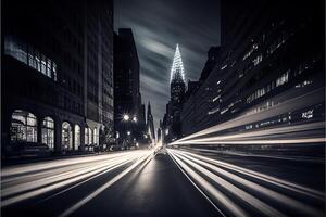 black and white photo of a city street at night. .