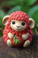 close up of a figurine of a sheep holding a strawberry. . photo