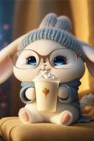 close up of a bunny holding a cup of coffee. . photo