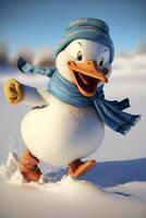 cartoon duck wearing a scarf and boots in the snow. . photo