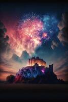 castle sitting on top of a hill under a colorful sky. . photo