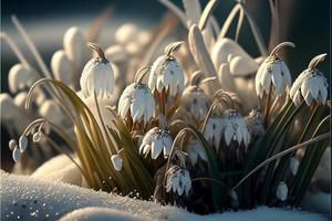 group of snowdrops sitting on top of a snow covered ground photo