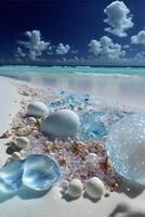 bunch of sea glass sitting on top of a sandy beach. . photo