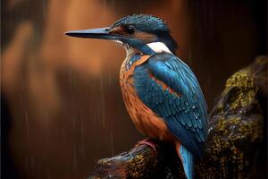 bird sitting on a branch in the rain. . photo