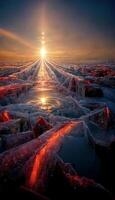 the sun is setting over a frozen lake. . photo