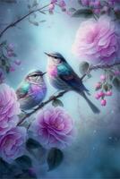 two birds sitting on a branch with pink flowers. . photo