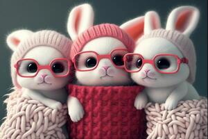 Tres blanco conejos vistiendo rojo lentes y un rosado suéter. generativo ai. foto