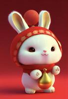 white rabbit wearing a red hat and holding a bell. . photo