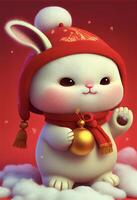 white rabbit wearing a red hat and scarf. . photo