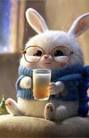 white rabbit with glasses holding a glass of beer. . photo