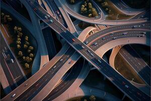 an aerial view of a highway intersection at dusk. . photo