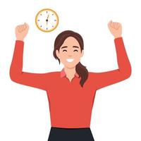 exitoso hora administración y alarma concepto. joven sonriente mujer dibujos animados personaje en pie demostración alarma reloj vector