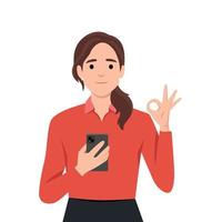 Technology, advertisement, communication, presentation concept. Young happy woman girl character shows smartphone with ok sign and winking. Promotion of innovative technological devices demonstration. vector