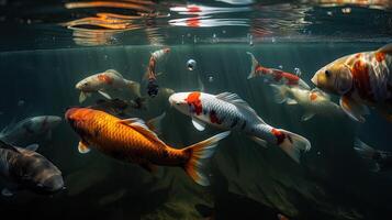 Overhead view of koi carps swimming in pond. . photo