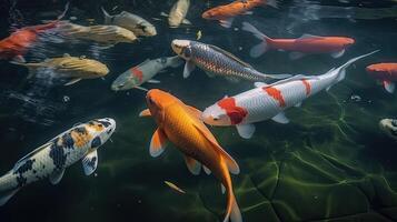 Overhead view of koi carps swimming in pond. . photo