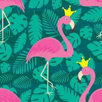 Vector pattern with flamingos and palm leaves