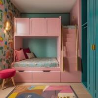 Children room interior with comfortable bed. Generative Ai. photo