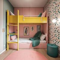 niños habitación interior con cómodo cama. generativo ai. foto