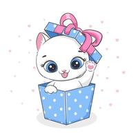 Happy birthday card, cute kitten in the present box. Cartoon drawing vector