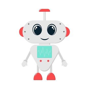 Sticker illustration with modern concept of chatbot. Robot in flat style with artificial intelligence. The character is cute with big eyes and rounded shapes. vector