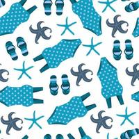 Seamless pattern with flip flop sandals, bikini, swimsuits, starfish. Repeating summer print. vector