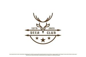 Deer club stamp logo design illustration. Deer head silhouette badge emblem forest animal hunting stamp. Forest animal deer hunter club design. Creative minimalist design in vintage retro old style. vector