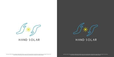 Solar sun hand logo design illustration. Abstract line art silhouette of a hand caring for the sun, environmentally friendly solar. Suitable for simple flat company technology business app web icon. vector