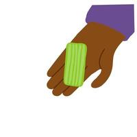 Flat vector illustration isolated on white background. The hand holds a piece of green plasticine, a hobby.