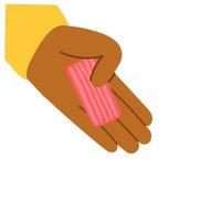 Flat vector illustration isolated on white background. The hand holds a piece of pink plasticine, a hobby.