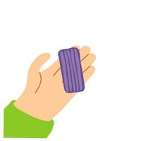 Flat vector illustration isolated on white background. The hand holds a piece of purple plasticine, a hobby.