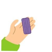 Flat vector illustration isolated on white background. The hand holds a piece of purple plasticine, a hobby.