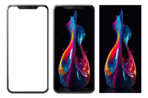 Realistic mobile phone mockup and colorful liquid paint explosion abstract wallpaper, png