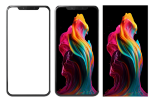 realistisch mobiel telefoon mockup en kleurrijk vloeistof verf explosie abstract behang, ai gegenereerd png