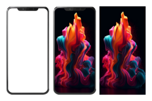 realistisch mobiel telefoon mockup en kleurrijk vloeistof verf explosie abstract behang, ai gegenereerd png
