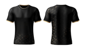 Preto esporte camisa brincar com dourado abstrato padrão, frente e costas visualizar, generativo ai png