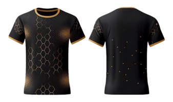 Preto esporte camisa brincar com dourado abstrato padrão, frente e costas visualizar, generativo ai png