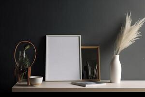 Mock up frame with minimal decor close up in home interior background. . photo