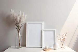 Mock up frame with minimal decor close up in home interior background. . photo