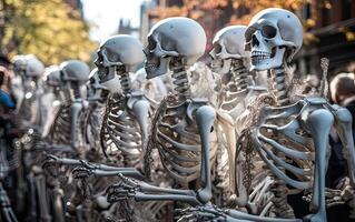 Víspera de Todos los Santos desfile de miedo esqueletos de marcha equipo. generativo ai. foto