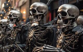 Halloween parade Scary skeletons marching team. . photo