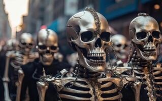 Halloween parade Scary skeletons marching team. . photo