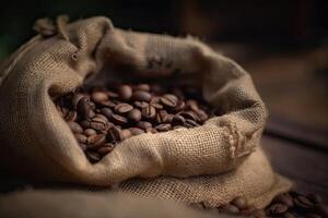 Roasted coffee beans falling in a burlap sack. Sackcloth bag with coffee beans. . photo