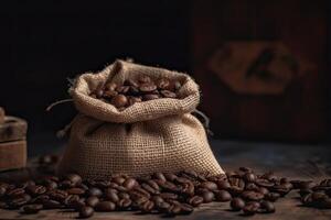 Roasted coffee beans falling in a burlap sack. Sackcloth bag with coffee beans. . photo