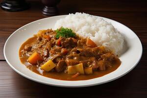 japonés ordinario curry arroz papas, zanahorias, cebollas y carne de vaca en picante amarillo curry servido con al vapor arroz. generativo ai foto