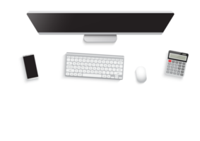 Realistic workplace desktop. Top view desk table, personal computer with keyboard, smartphone png