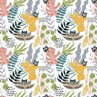The cats are hiding in the jungle. Vector illustration. Seamless pattern