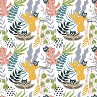 The cats are hiding in the jungle. Vector illustration. Seamless pattern