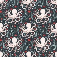 Octopus and flowers. Vector illustration, seamless pattern