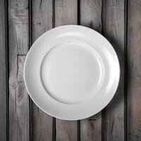 un vacío plato en un blanco de madera mesa. parte superior ver de blanco cerámico plato en blanco de madera. generativo ai. foto